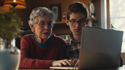 A grandmother and grandson share a moment of digital learning on a laptop.