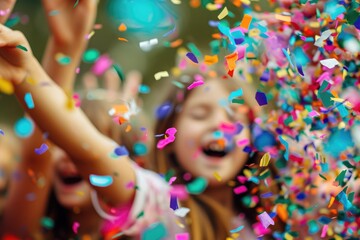 A lively group of children gleefully throw handfuls of confetti, creating a colorful and festive atmosphere, Vivid confetti dancing in the air at a children's party, AI Generated - obrazy, fototapety, plakaty