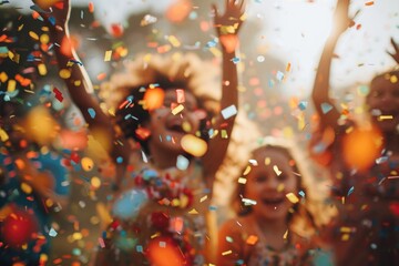 A diverse group of individuals standing closely together amidst falling confetti, joyfully celebrating an occasion, Vivid confetti dancing in the air at a children's party, AI Generated - obrazy, fototapety, plakaty