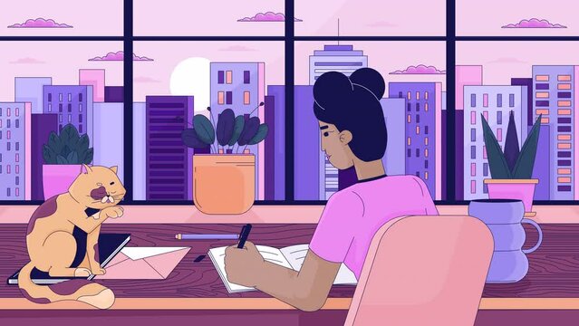 Lofi study girl with cat line cartoon animation. Black female doing homework 4K video motion graphic. Notebook writing desk. Lo fi vibes 2D linear animated characters on cityscape background