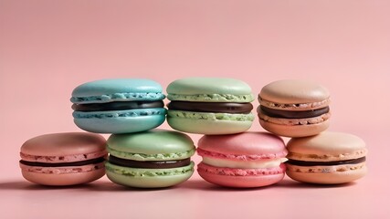 Pastel Colorful Macaroons On A Pink Backround.Generative AI