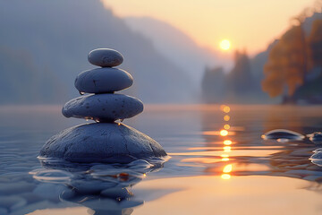 Stones and Sea in Sunset Meditation, Rocks and Water Creating Harmony on the Beach, Finding Balance...