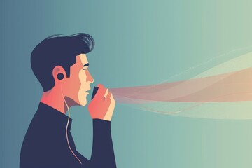 A man wearing ear buds on his ears looks intently into the far distance, Voice over IP technology depicted in a minimalistic style, AI Generated - obrazy, fototapety, plakaty