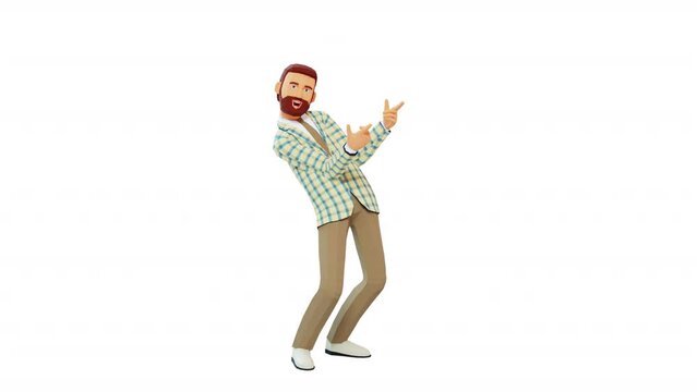 Bearded man making a pointing gesture in a positive manner with expression. 3D cartoon character
