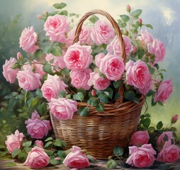 Fototapeta na wymiar Beautiful pink roses in a basket