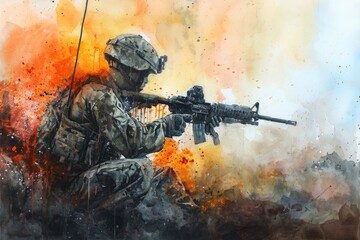 A painting showing a soldier in uniform tightly gripping a rifle amidst a fierce battle scene, Watercolor painting depiction of JTF2 (Joint Task Force 2) soldier, AI Generated