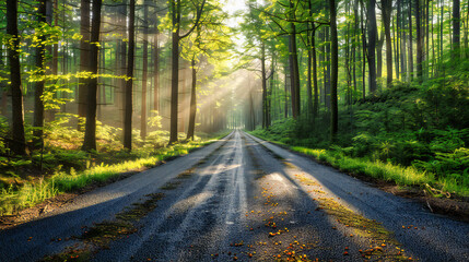 Fototapeta premium Mystical Forest Road, Sunlight Filtering Through Autumn Foliage, Peaceful Morning Walk
