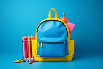 a backpack with school supplies - obrazy, fototapety, plakaty