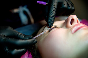 preparation for eyelash lamination procedure. Beauty salon. Foam for fixation
