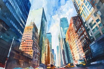 A Painting of a City Skyline With Tall Buildings at Dusk, Watercolor painting of city streets winding around tall skyscrapers, AI Generated