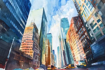 Rollo Aquarellmalerei Wolkenkratzer A Painting of a City Skyline With Tall Buildings at Dusk, Watercolor painting of city streets winding around tall skyscrapers, AI Generated