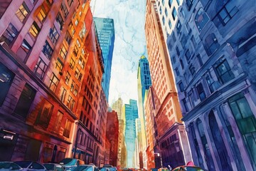 A Painting of a City Street With Tall Buildings in Downtown Manhattan, Watercolor painting of city streets winding around tall skyscrapers, AI Generated