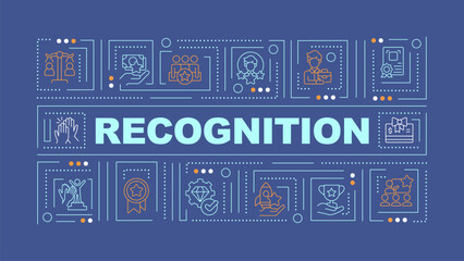 Employee recognition blue word concept. Workplace culture. Typography banner. Flat design. Vector illustration with title text, editable line icons. Ready to use. Arial Black font used