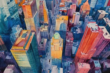 This photo depicts a vibrant cityscape featuring tall buildings against a cloudy sky, Watercolor painting of city streets winding around tall skyscrapers, AI Generated