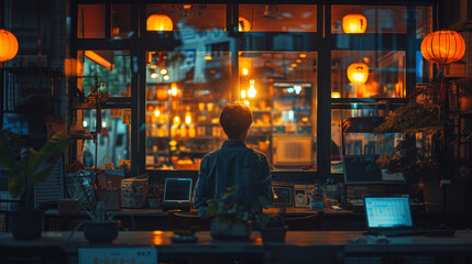 A person's back facing the camera, looking at a cozy night city scene with glowing lanterns and...
