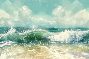 A realistic painting capturing the powerful force of waves crashing onto a sandy beach, creating a spectacle of natural energy and movement, Watercolor style picture of ocean waves, AI Generated