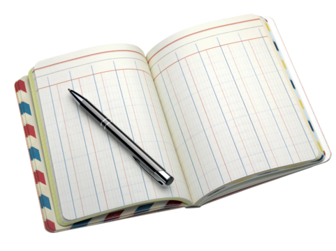 Open note book with lined pages and ballpoint pen