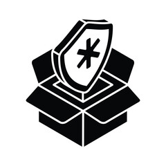 Package with protection shield having medical sign, concept isometric icon of medicine package, medicine insurance vector