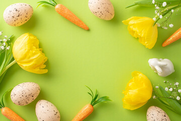 Festive Easter arrangement. Top view photo showcasing eggs, carrots for the bunny, gypsophila, and...