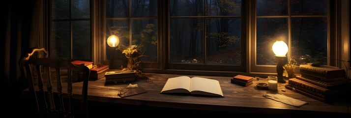 Warmly-lit reading nook beside a window with rain, giving a sense of comfort and solitude - obrazy, fototapety, plakaty