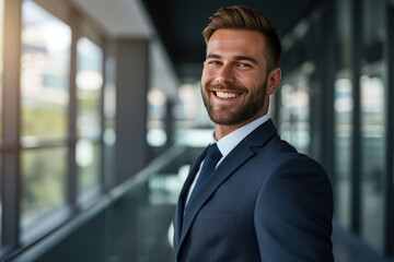 Successful and handsome businessman with a confident smile wearing a suit against the background of a modern office environment with large windows