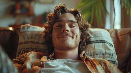 A relaxed young man with curly hair reclines casually with a content smile in a cozy home setting