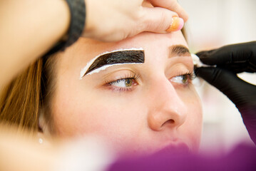 Fototapeta premium make up artist applying special paint for coloring eyebrows in beauty salon. Permanent make up