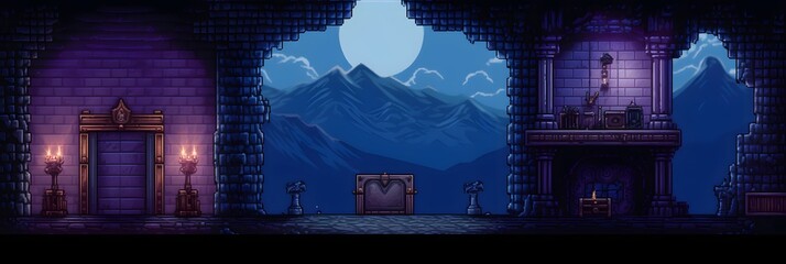 An atmospheric pixel art of a castle room overlooking scenic mountains under a full moon, invoking mystery and adventure