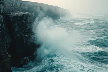 Fotobehang A towering cliff overlooks a vast and expansive body of water, creating a dramatic natural landscape, Waves breaking against an ocean cliff, causing a spray, AI Generated © Iftikhar alam