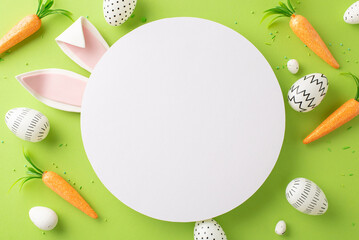 Easter theme setup. Top view of painted eggs, bunny's favorite carrots, and sprinkles on pastel green backdrop with sweet rabbit ears poking from vacant round area for holiday greetings or promotions