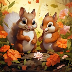 Fototapeta premium Two fluffy cute squirrels are sitting in the forest on a flower meadow.