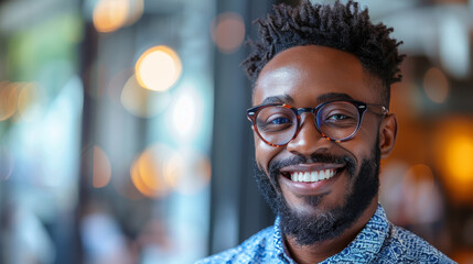 A joyful bearded man with glasses smiling confidently in a modern cafe environment with soft focus background