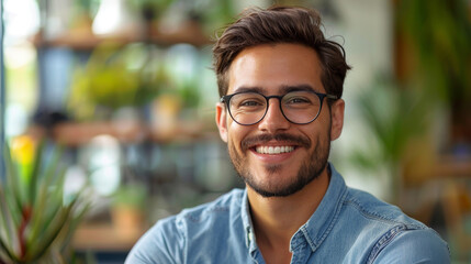 A cheerful young man with a beard and glasses, smiling broadly in a casual setting - obrazy, fototapety, plakaty