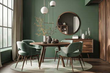 Mint color chairs at round wooden dining table in room with sofa and cabinet near green wall. mid-century home interior design of modern living room. 
