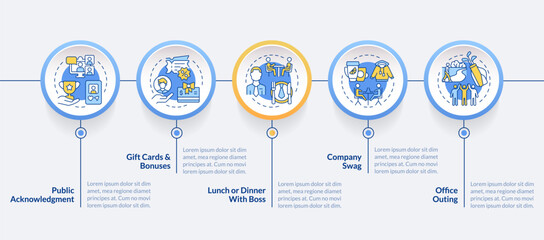 Naklejka premium Employee recognition ideas blue circle infographic template. Data visualization with 5 steps. Editable timeline info chart. Workflow layout with line icons. Lato-Bold, Regular fonts used
