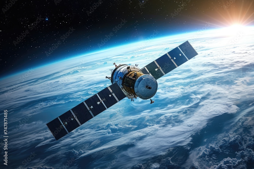 Poster an artists interpretation of a satellite floating in outer space, illustrating its design and functi