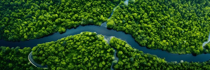 Stunning aerial shot capturing the vastness of an endless green forest and the winding river that cuts through it
