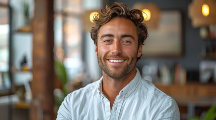Engaging portrait of a young, brown-haired man smiling brightly in a modern cafe setting
