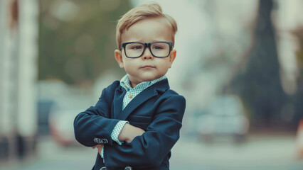 Confident young child in business attire posing with serious demeanor and crossed arms.