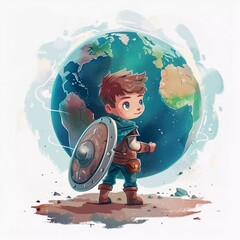 Children's illustration of how a boy knight with a shield protects the planet earth. Earth Day.
