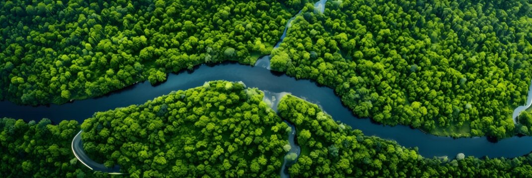Stunning aerial shot capturing the vastness of an endless green forest and the winding river that cuts through it - Powered by Adobe