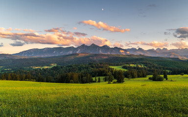 Tatra Mountains, Poland. Panorama of a mountain landscape. Late summer sunset over the mountains.