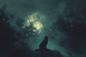 A wolf confidently perches atop a hill, basking in the glow of a full moon, Werewolf howling into the midnight sky amidst a spooky forest, AI Generated - obrazy, fototapety, plakaty