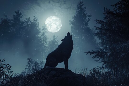 A wolf confidently stands atop a rock amidst a dark forest, illuminated only by the moonlight, Werewolf howling into the midnight sky amidst a spooky forest, AI Generated