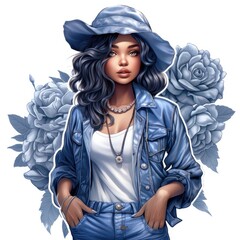 Pretty woman in a hat and denim jacket on a background of blue flowers