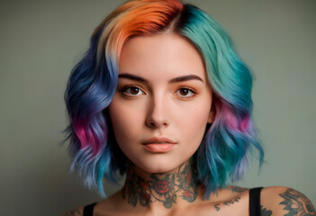 Fototapeta premium Woman With Colorful Hair and Tattoos on Her Arms. She exudes confidence through her body art, showcasing a unique and expressive style.