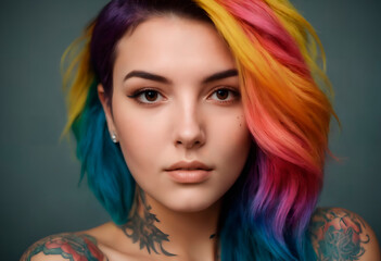 Woman With Colorful Hair and Tattoos on Her Arms. She exudes confidence through her body art, showcasing a unique and expressive style.