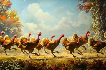 A painting capturing the energetic movement of a group of turkeys as they sprint across a vast field, Whimsical depiction of Thanksgiving turkeys running away, AI Generated