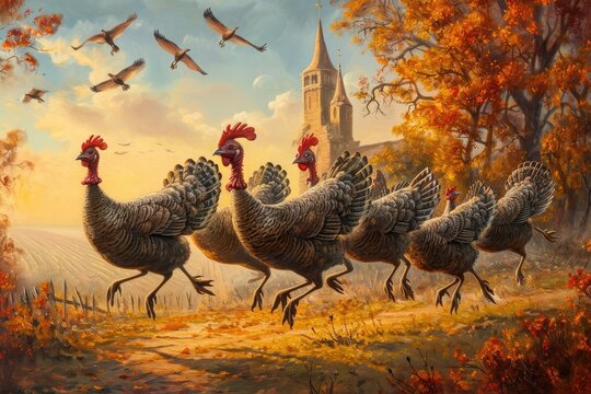 A group of chickens, including hens and roosters, are seen walking in a line through a green field, Whimsical depiction of Thanksgiving turkeys running away, AI Generated