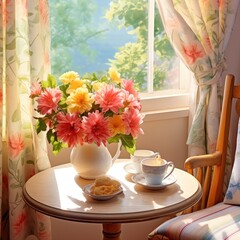 Fototapeta premium Cozy table with an armchair and a beautiful summer view from the window. Fresh flowers in a ceramic vase on the table